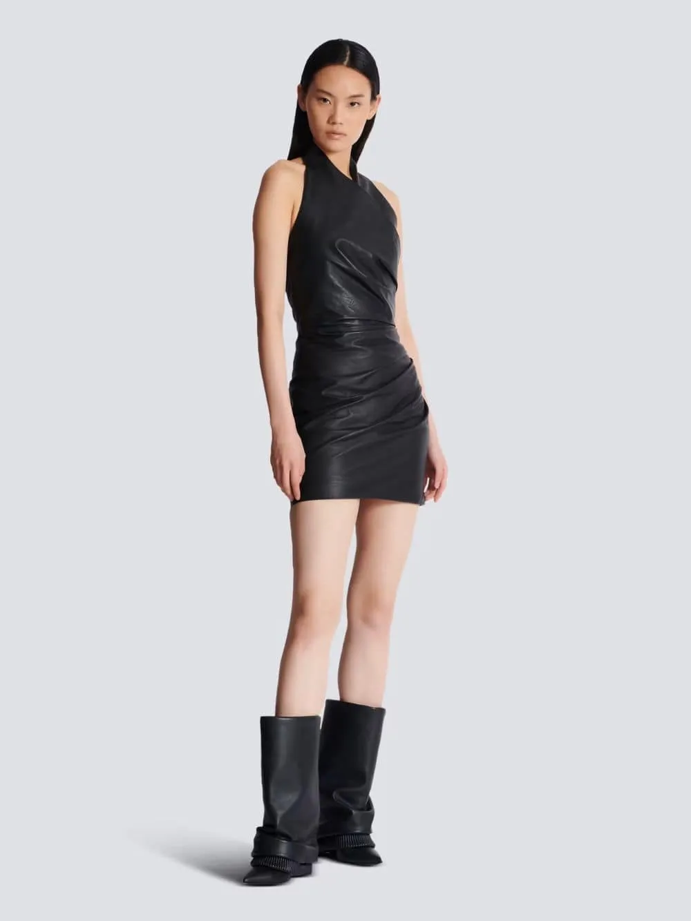Black Draped Leather Halterneck Dress sold by Fashion Clinic product image thumbnail 2