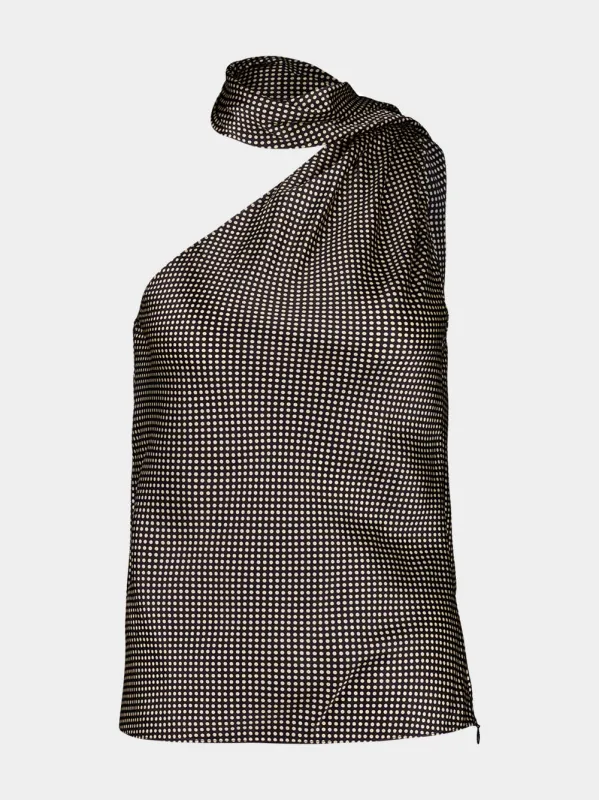 Black Polka Dot One-Shoulder Satin Top sold by Fashion Clinic