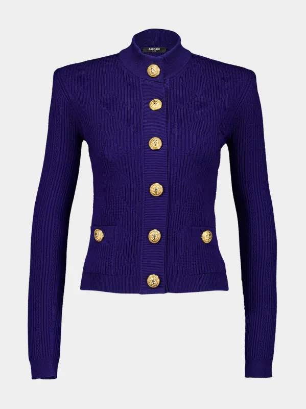 Cobalt Blue Gingham Openwork Knit Cardigan made by Balmain