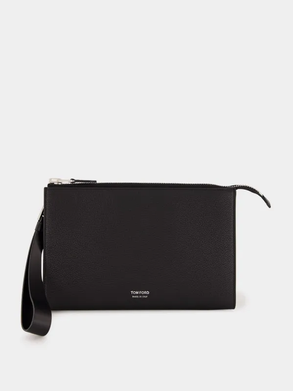 Black Soft Grain Leather Flat Pouch sold by Fashion Clinic