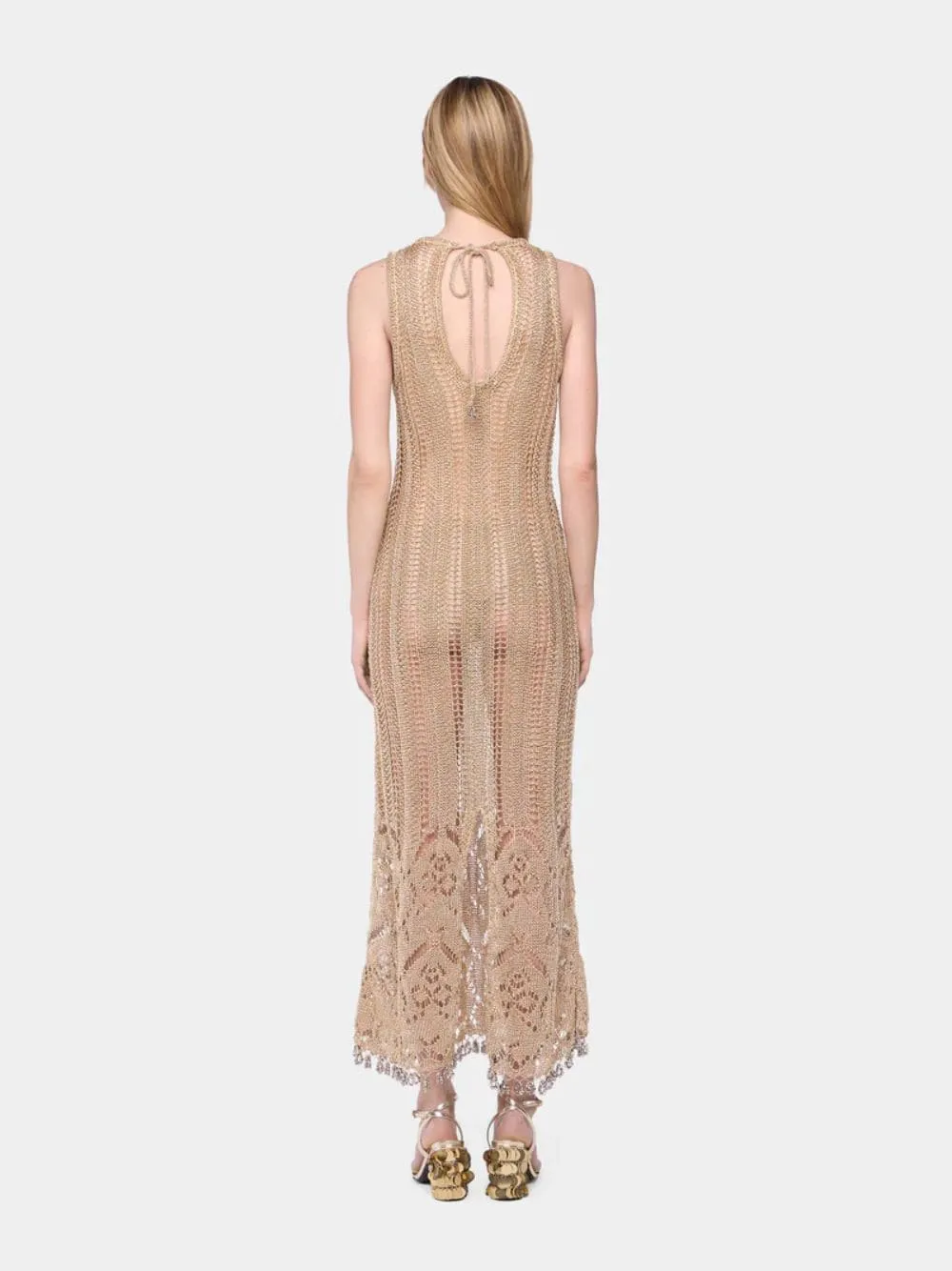 Light Gold Crochet Long Dress with Silver Beads sold by Fashion Clinic product image thumbnail 4