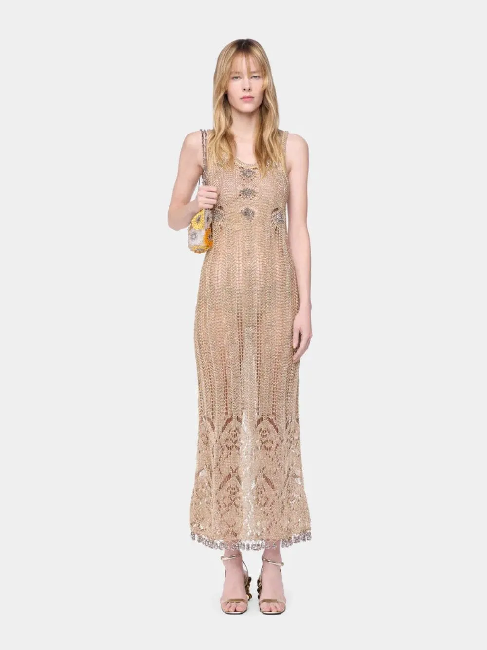 Light Gold Crochet Long Dress with Silver Beads sold by Fashion Clinic product image thumbnail 2
