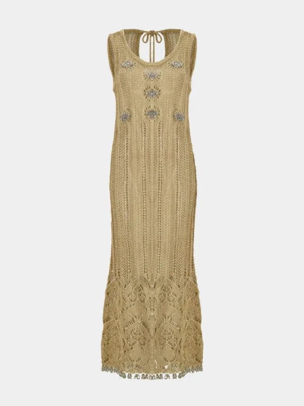 Light Gold Crochet Long Dress with Silver Beads sold by Fashion Clinic