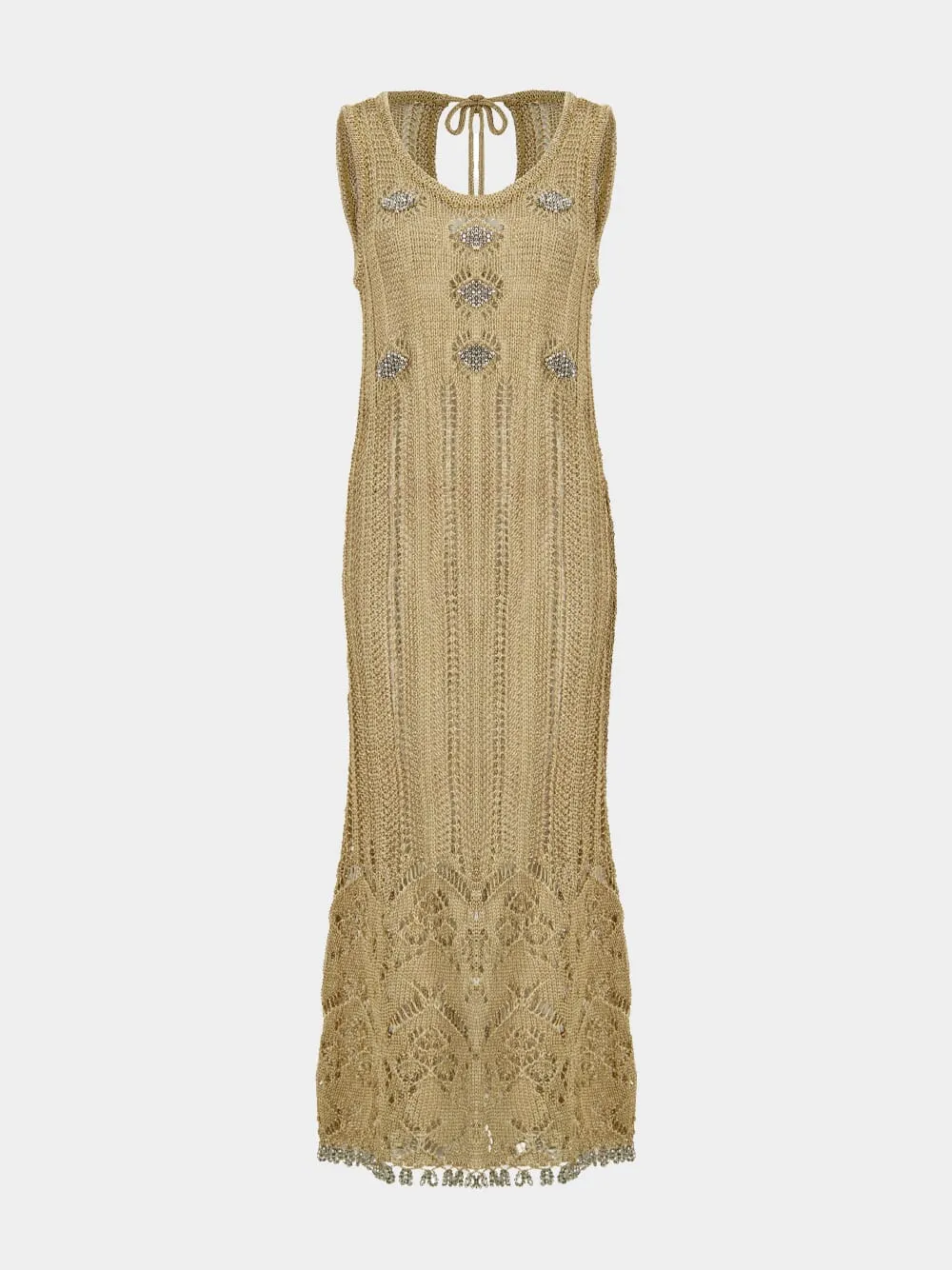 Light Gold Crochet Long Dress with Silver Beads sold by Fashion Clinic