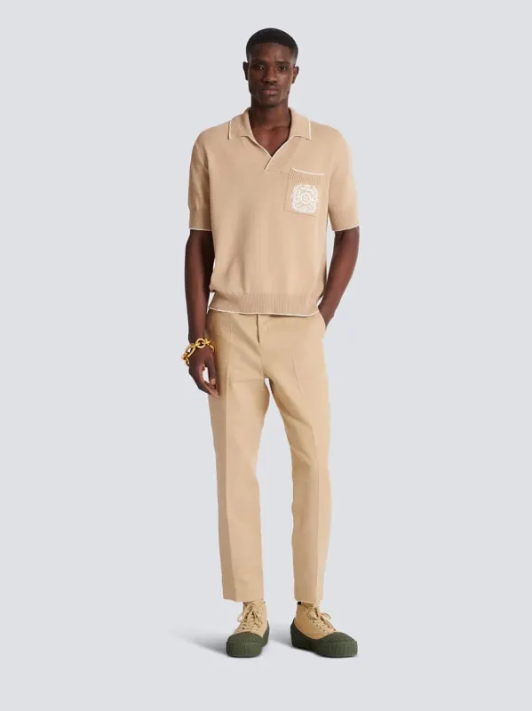 Beige Écusson Embroidered Knit Polo Shirt sold by Fashion Clinic
