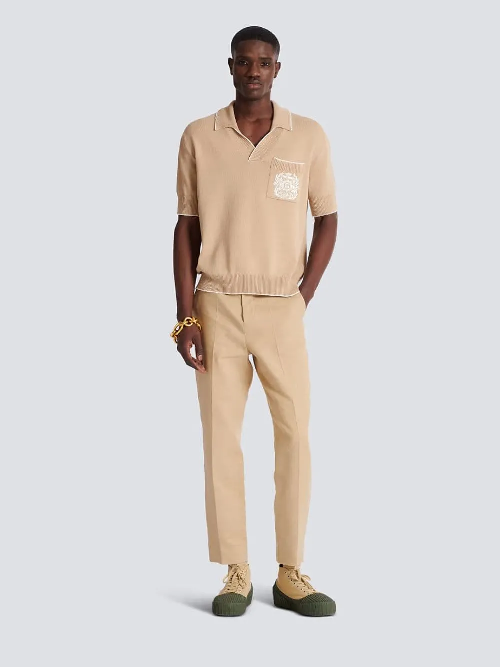 Beige Écusson Embroidered Knit Polo Shirt sold by Fashion Clinic
