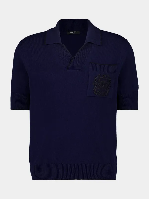 Navy Blue Écusson Embroidered Knit Polo Shirt sold by Fashion Clinic