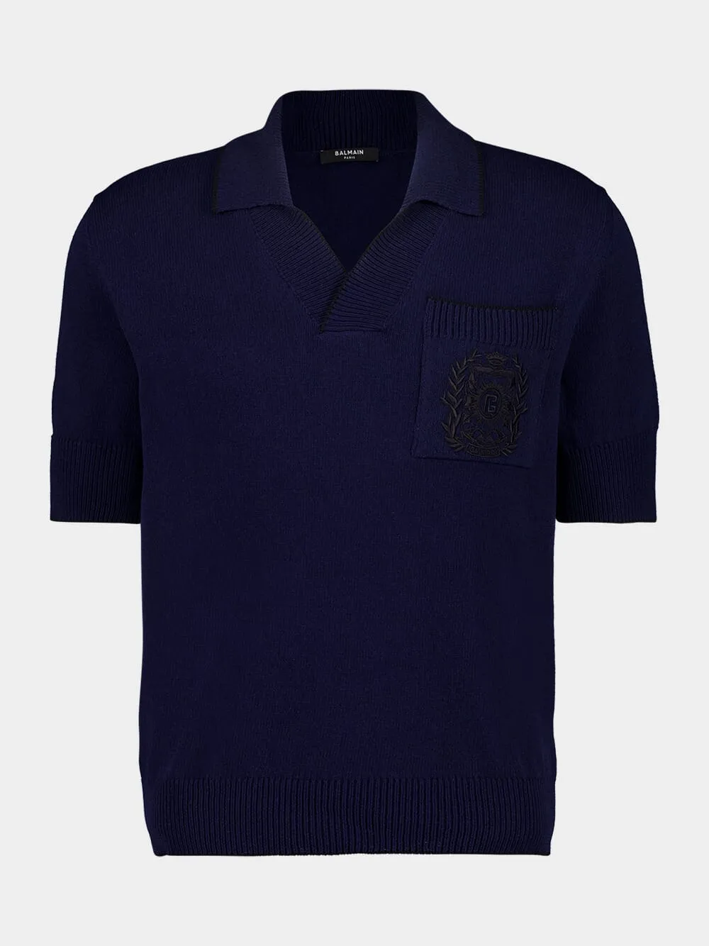 Navy Blue Écusson Embroidered Knit Polo Shirt sold by Fashion Clinic