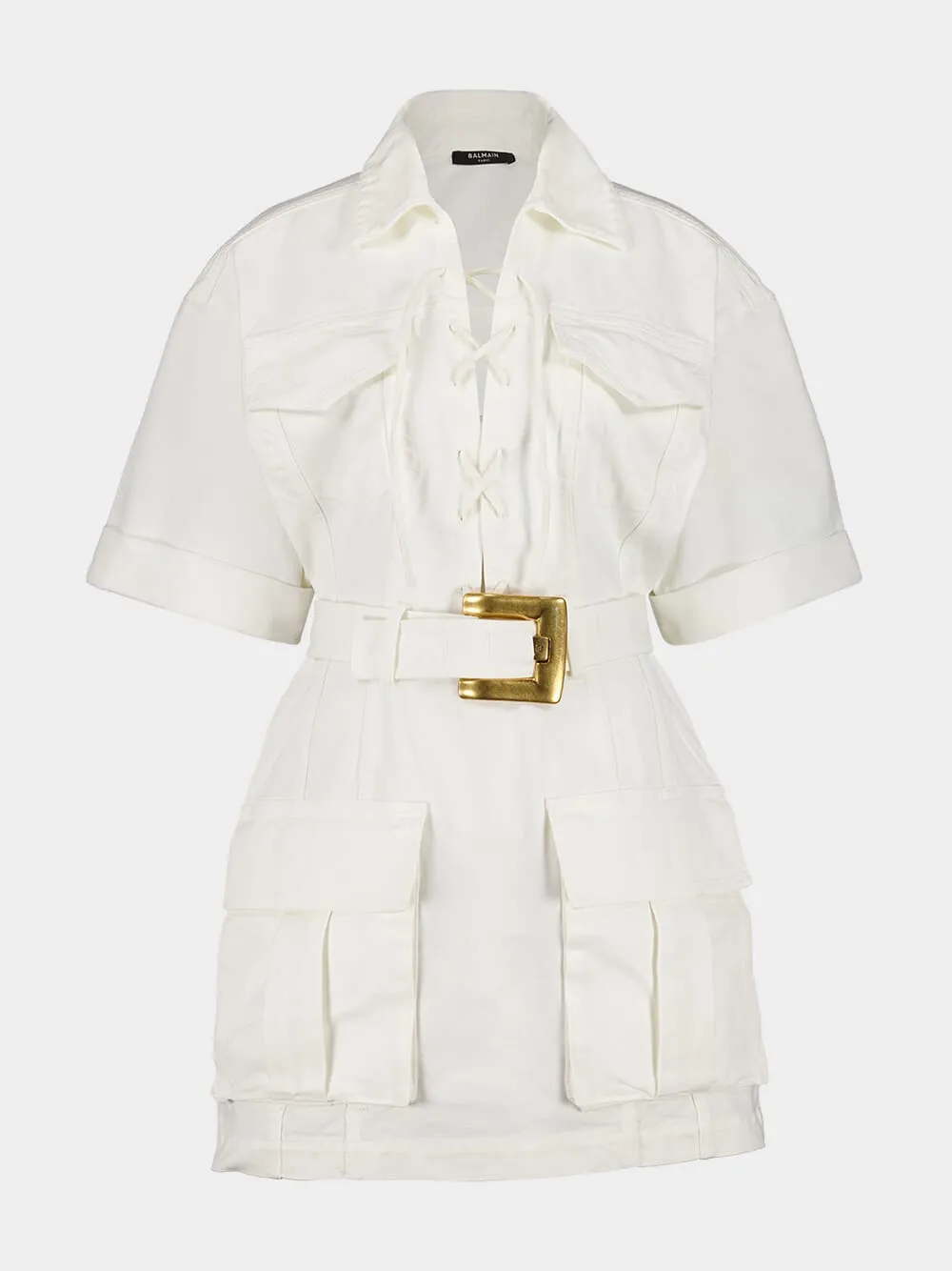 White Short Lace-Up Canvas Dress sold by Fashion Clinic product image thumbnail 2