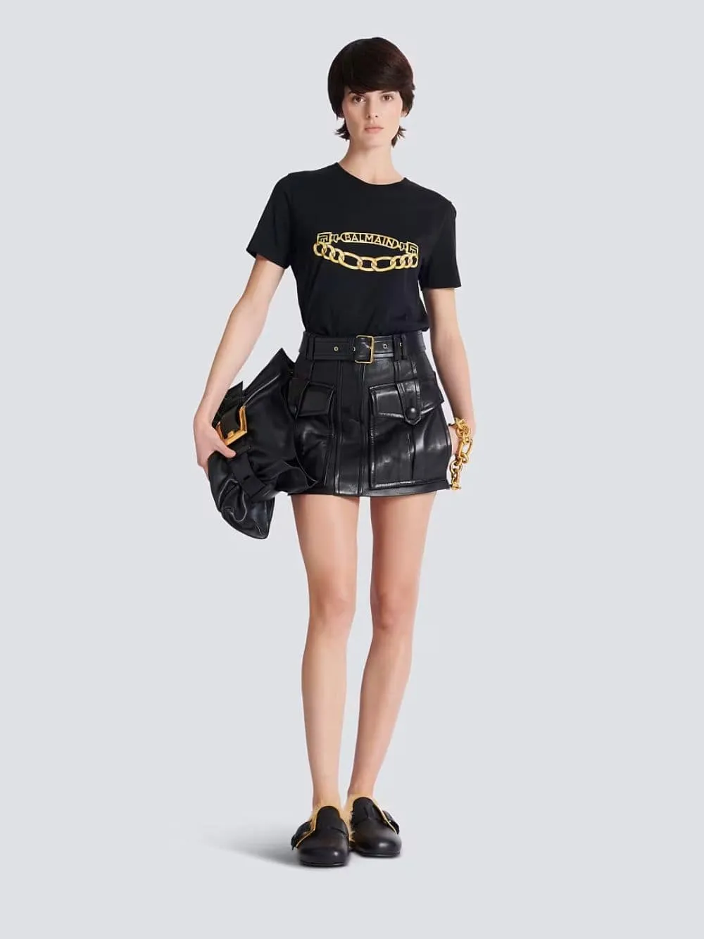 Black Belted Lambskin Mini Skirt sold by Fashion Clinic product image thumbnail 2