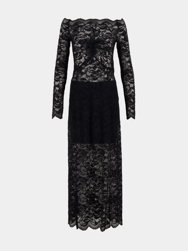 Long Black Lace Bardot Dress sold by Fashion Clinic