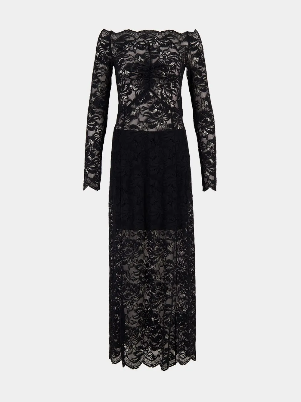 Long Black Lace Bardot Dress sold by Fashion Clinic