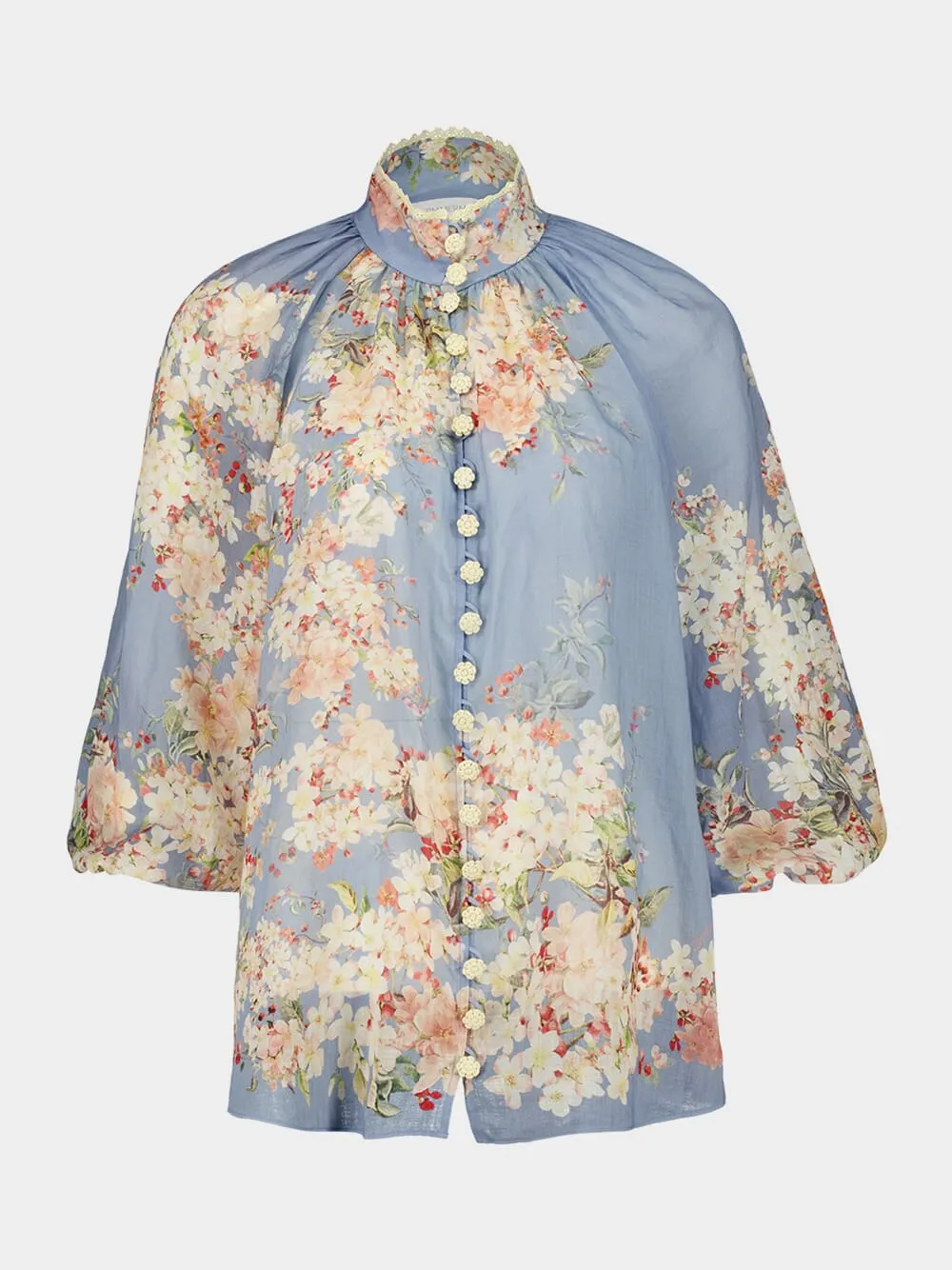 Teal Blue Botanical Floral Cascadian Ramie Blouse sold by Fashion Clinic