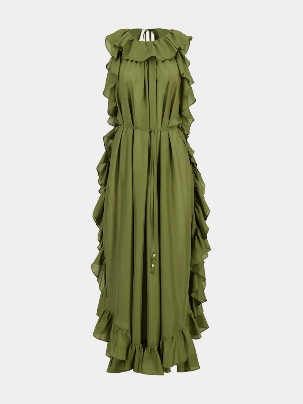 Olive Cascadian Ruffle Midi Dress sold by Fashion Clinic