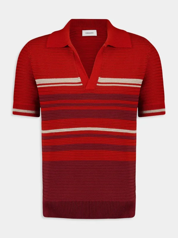 Rust and Red Striped Cotton Knit Polo made by Salvatore Ferragamo
