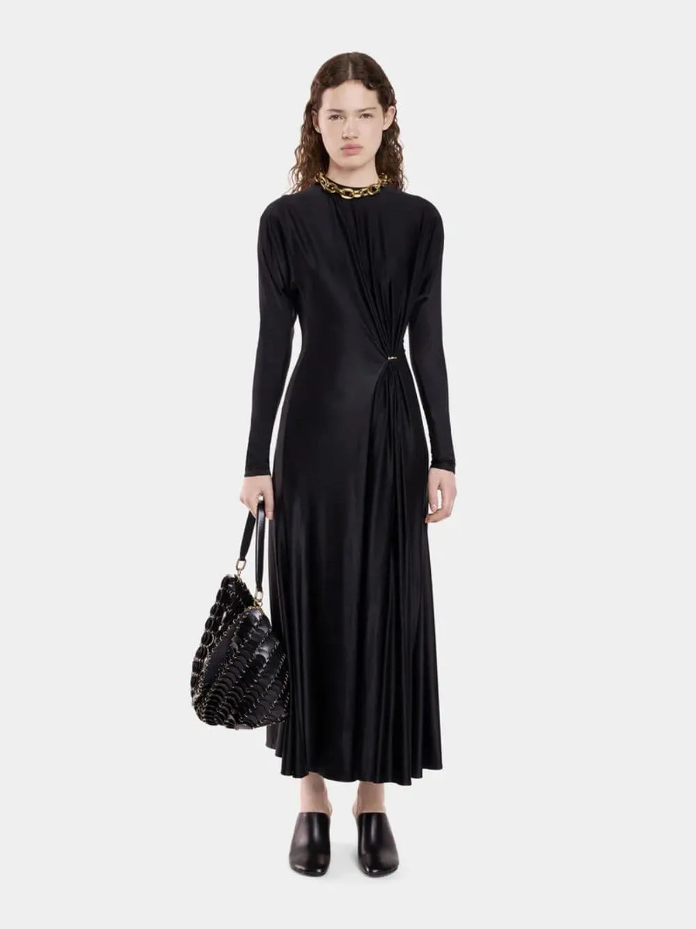 Black Long Gathered Jersey Dress with Gold Ring sold by Fashion Clinic product image thumbnail 2