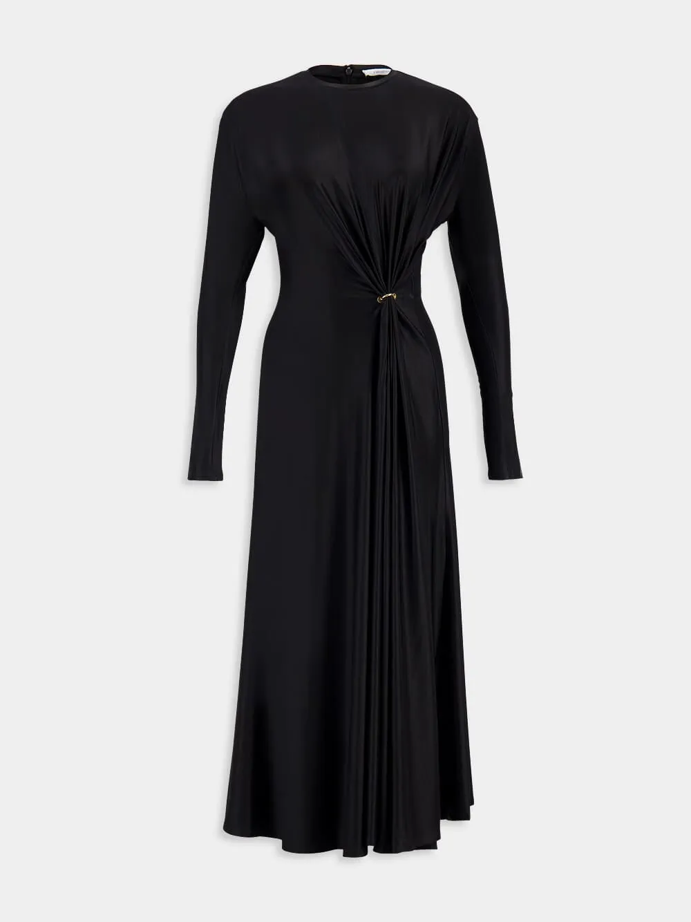 Black Long Gathered Jersey Dress with Gold Ring sold by Fashion Clinic