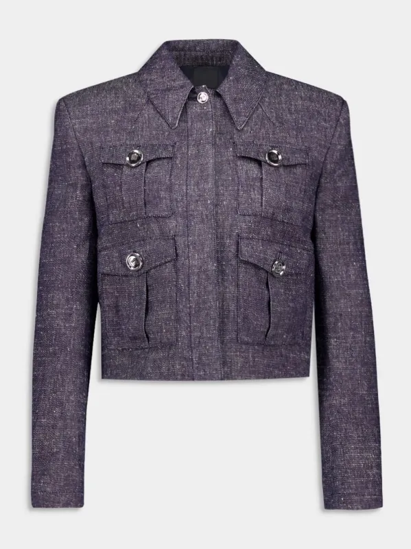 Denim Blue Cropped Jacket with 4 Pockets sold by Fashion Clinic