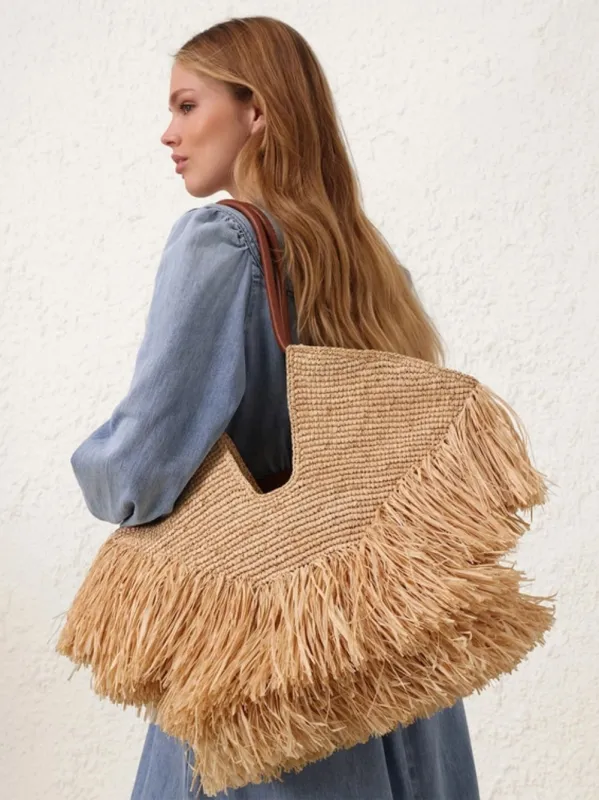 Natural Goldentime Medium Raffia Fringe Tote sold by Fashion Clinic