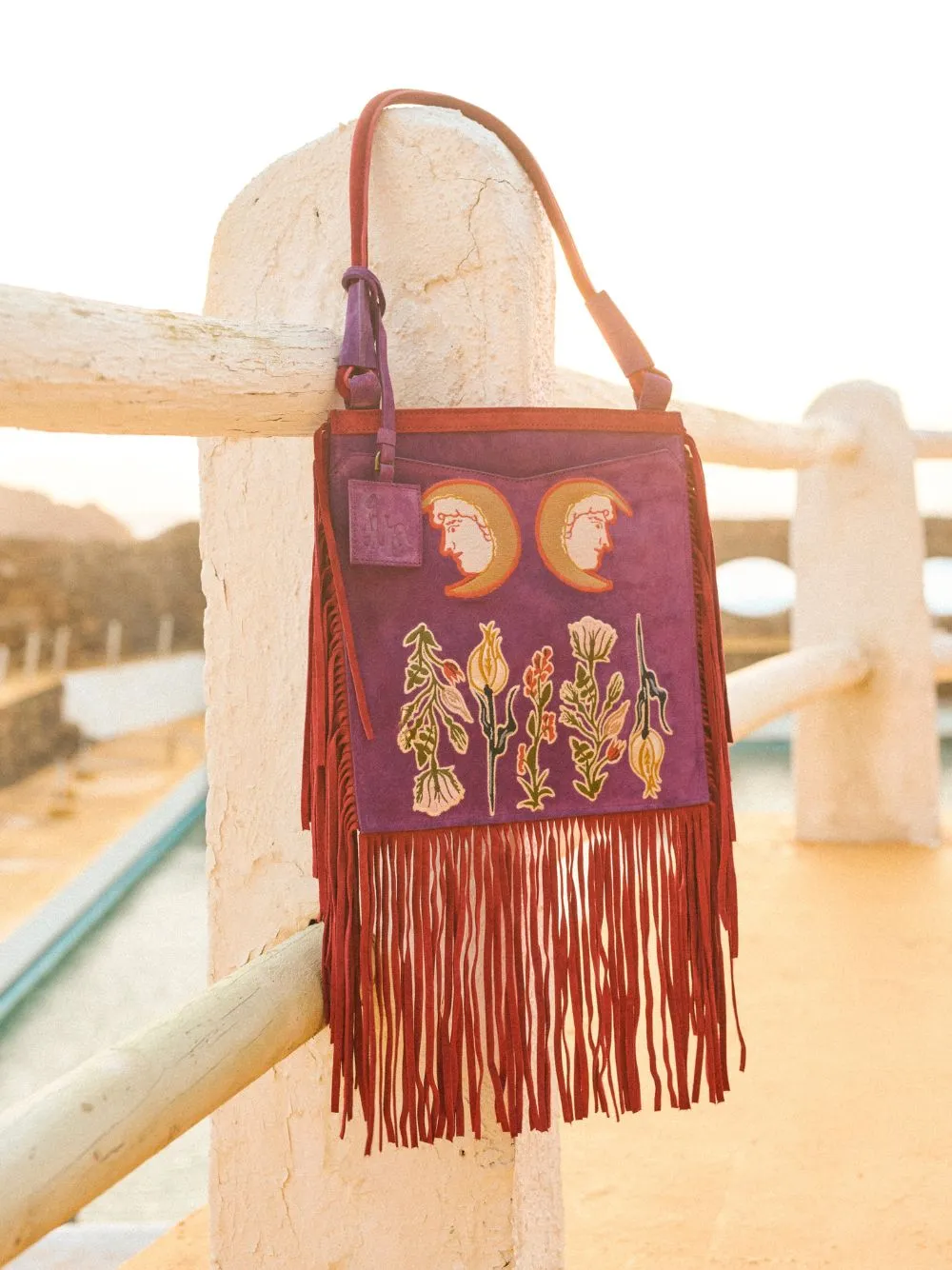 Aquila Embroidered Suede Bag with Fringes sold by Fashion Clinic