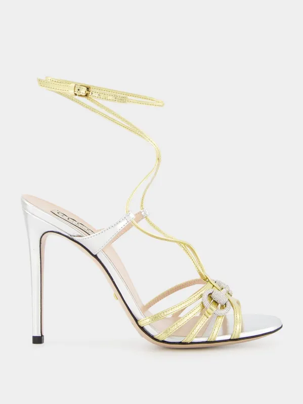 Metallic Silver and Gold Crystal 105mm Sandals sold by Fashion Clinic