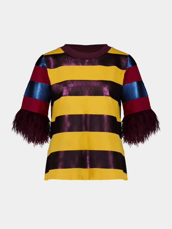 Lyra Sequin Embroidered Striped T-Shirt With Feathers sold by Fashion Clinic