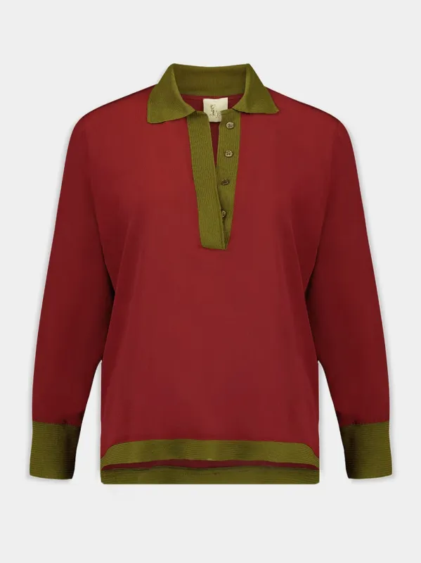 Diane Burgundy Silk V-Neck Longsleeve sold by Fashion Clinic