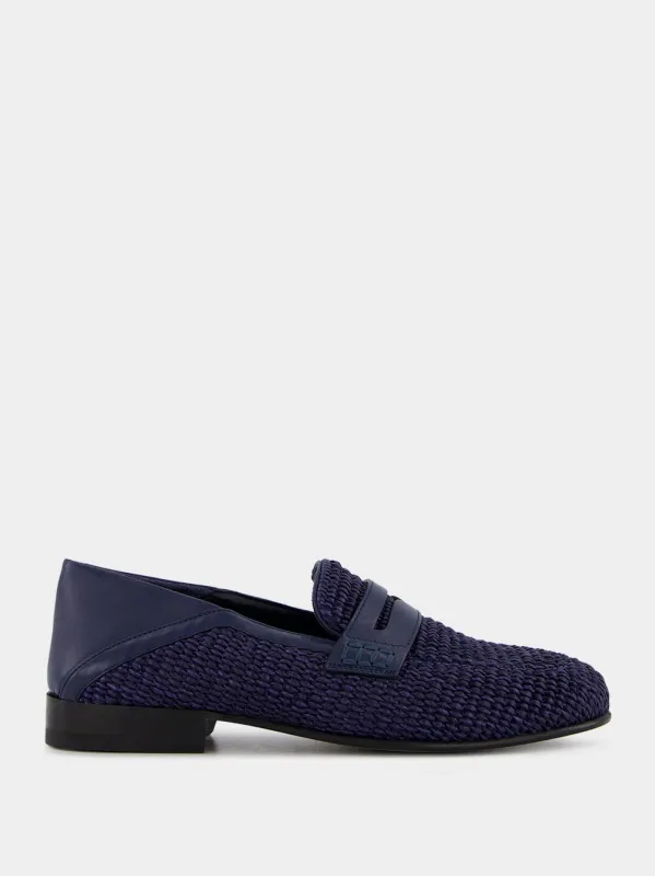Padstow Navy Blue Raffia Penny Loafers sold by Fashion Clinic