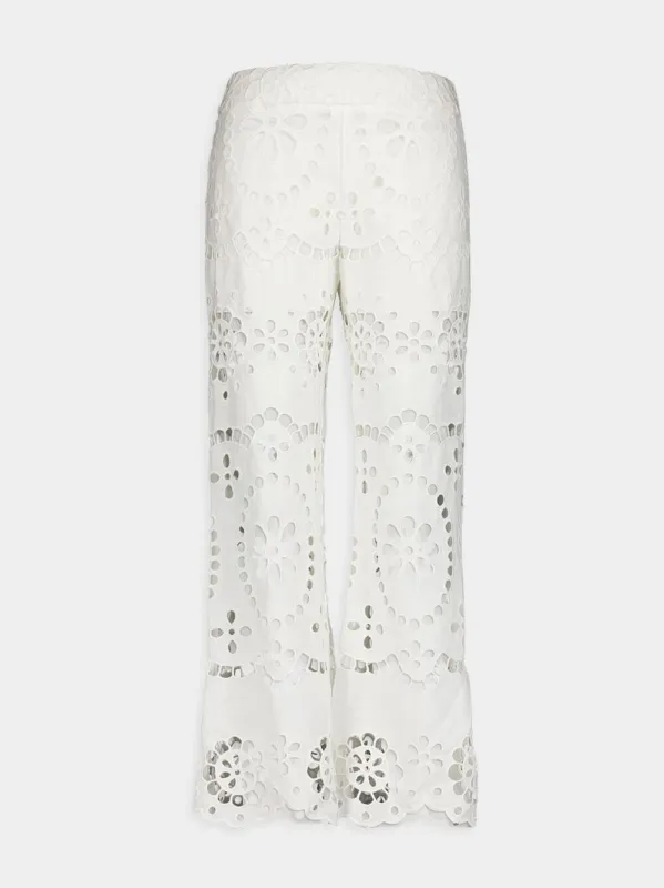 Lexi Embroidered White Eyelet Flared Trousers sold by Fashion Clinic