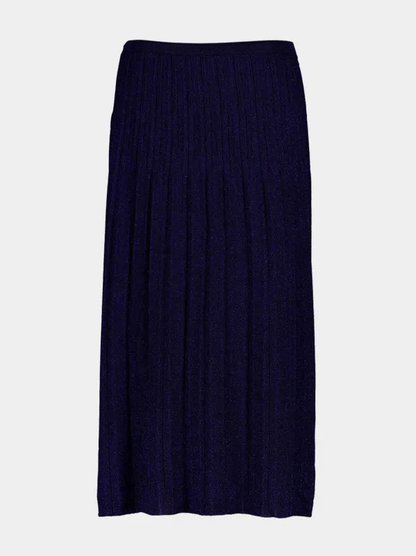 Navy Pleated Lurex Ribbed Midi Skirt sold by Fashion Clinic