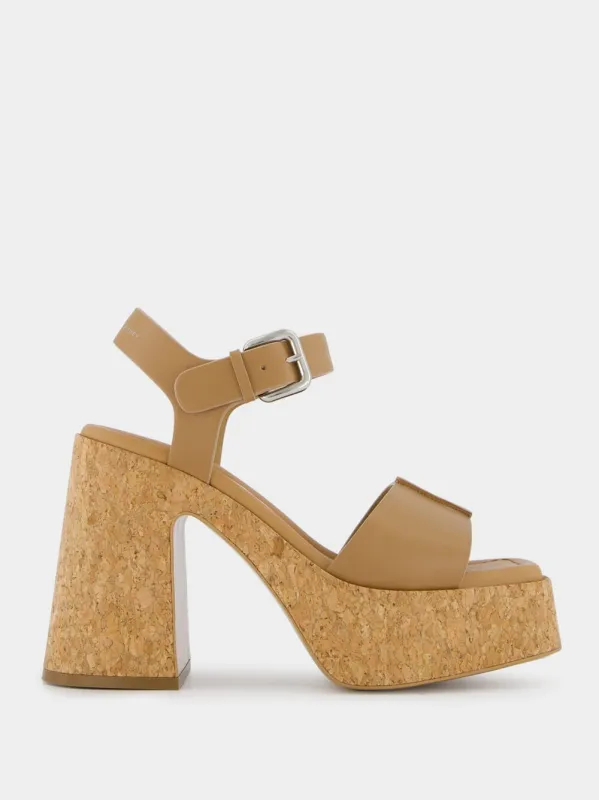 Skyla Tan Buckle Cork Platform Sandals made by Fashion Clinic