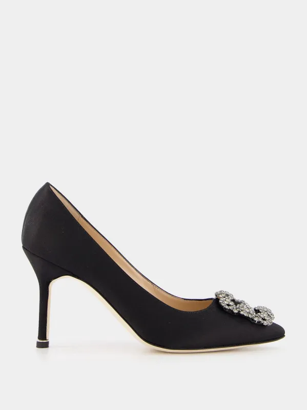 Hangisi Black Jewel Buckle Satin 90mm Pumps sold by Fashion Clinic