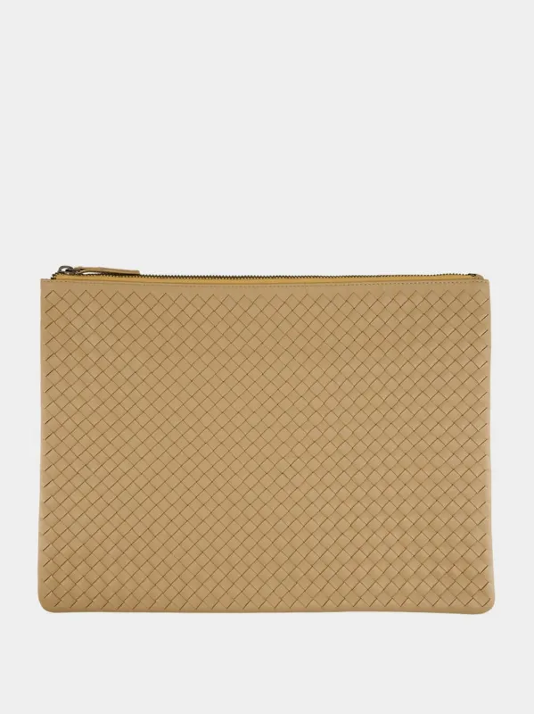 Beige A4 Woven Leather Pochette sold by Fashion Clinic