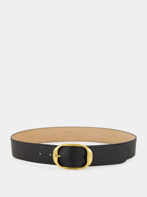 Black Grain Leather Oval Buckle Belt sold by Fashion Clinic