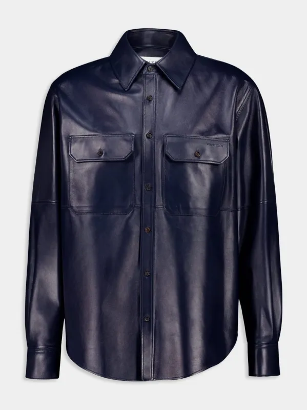 Navy Smooth Leather Long-Sleeve Shirt sold by Fashion Clinic