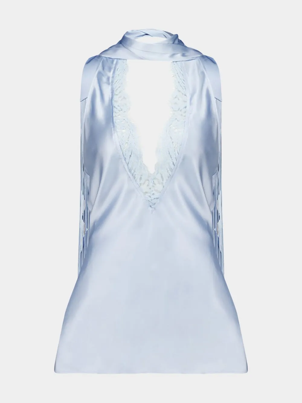 Blue Backless Fringed Satin Top sold by Fashion Clinic