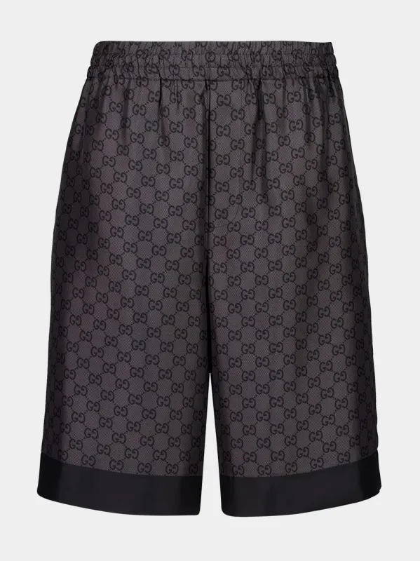 Grey and Black 	GG Monogram Silk Twill Shorts sold by Fashion Clinic