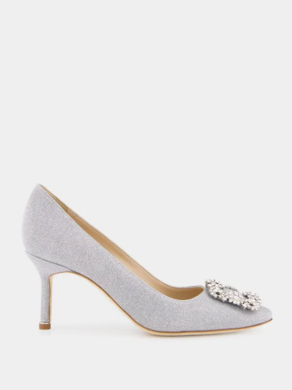 Hangisi Silver Glitter Fabric Jewel Buckle Pumps sold by Fashion Clinic