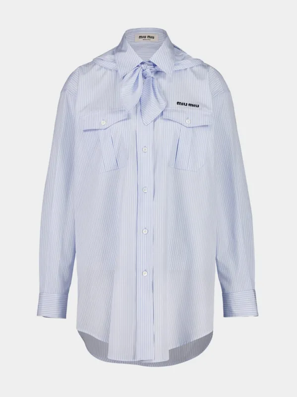 Blue Oversized Bow Neck Cotton Shirt made by Miu Miu