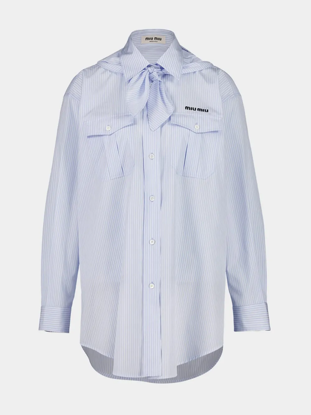 Blue Oversized Bow Neck Cotton Shirt sold by Fashion Clinic