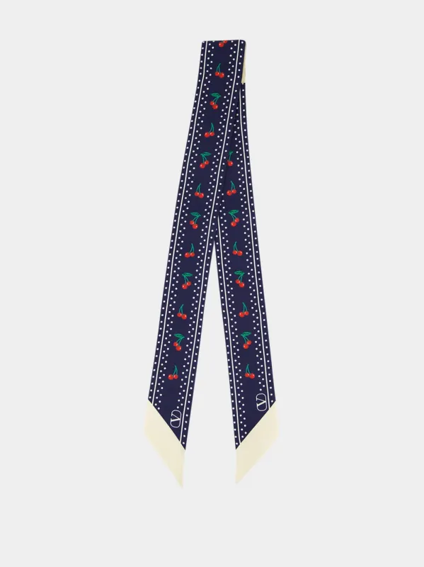 Blue and Red Cherryfic Silk Bandeau Scarf sold by Fashion Clinic