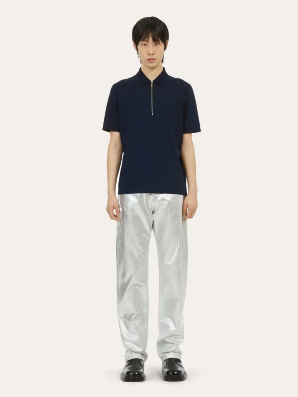 Navy Blue Cotton Polo with Zip Collar sold by Fashion Clinic