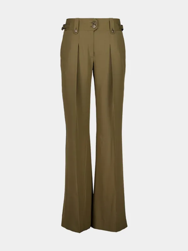 Khaki Pleated Crepe de Chine Silk Pants sold by Fashion Clinic