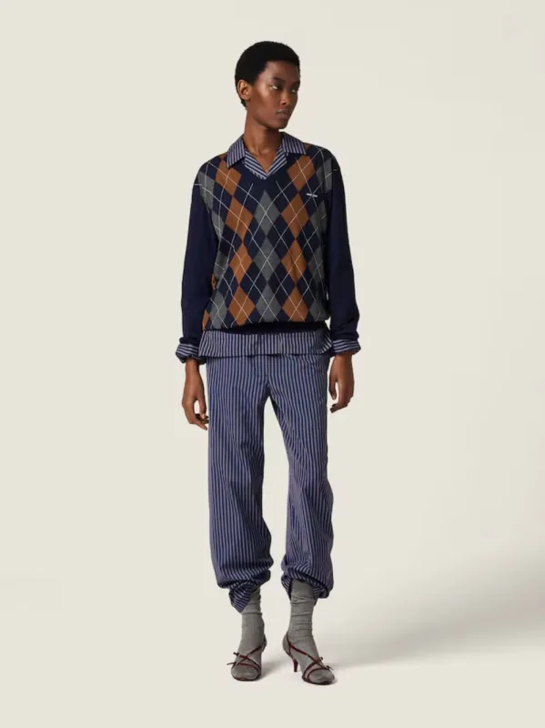 Navy Argyle Wool V-Neck Sweater sold by Fashion Clinic