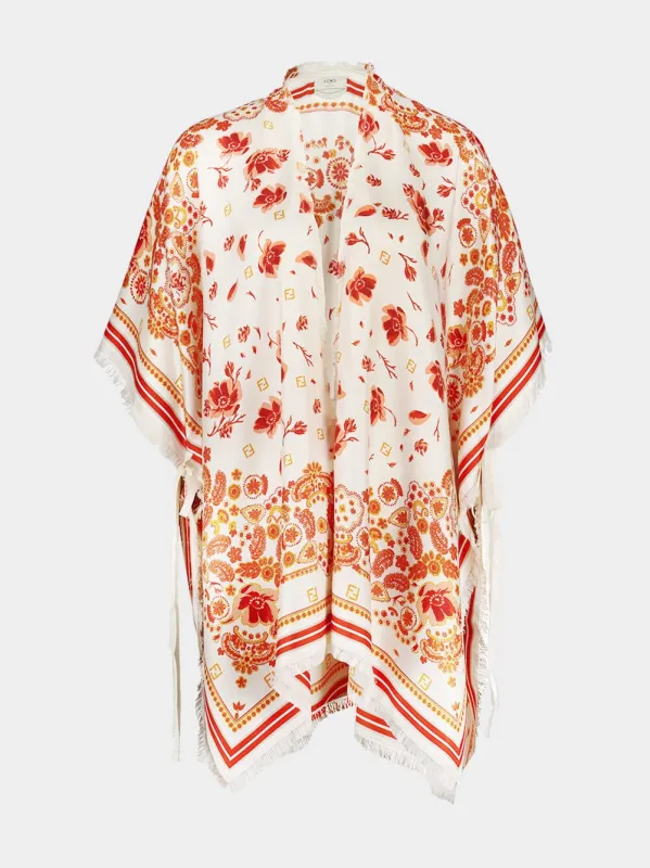 White and Red Silk Bandana Print Poncho sold by Fashion Clinic