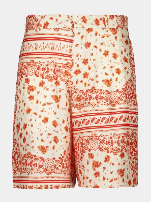 White and Coral Bandana Silk Bermuda Shorts sold by Fashion Clinic