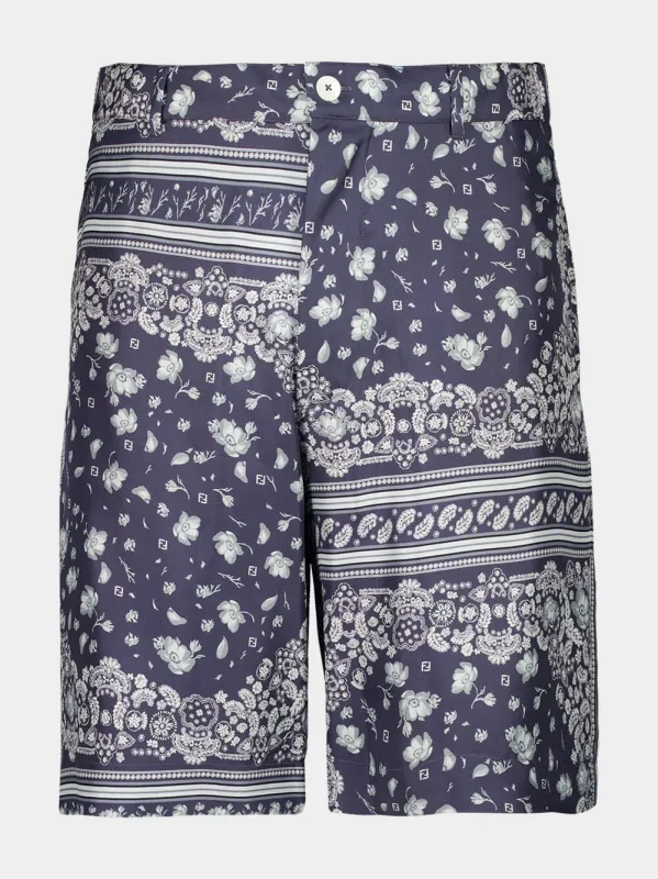 White and Blue Bandana Silk Bermuda Shorts sold by Fashion Clinic