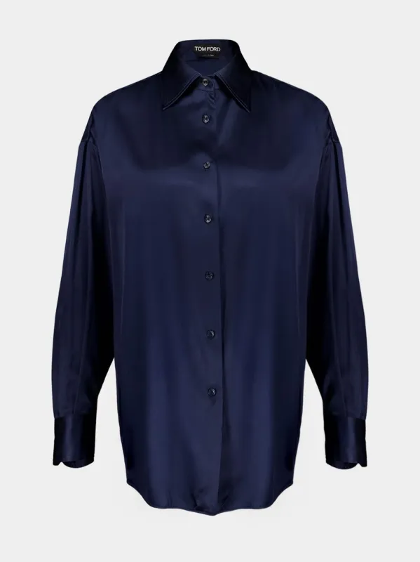 Dark Navy Silk Satin Relaxed Shirt sold by Fashion Clinic