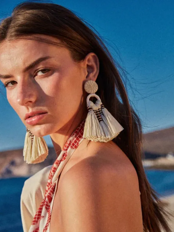 Antique Ecru Iraca Palm Tassel Earrings made by Johanna Ortiz