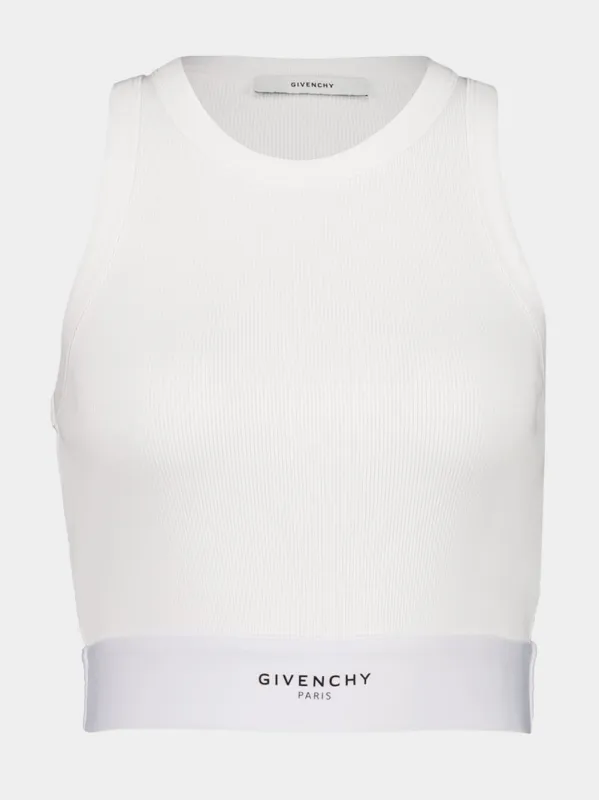 White Cropped Tank Top with Logo Band sold by Fashion Clinic